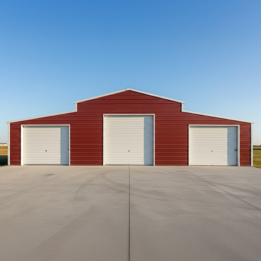 [30X42FT] Heavy-Duty All-Weather 3-Garage Galvanized Steel Storage Shed - Saksby Wholesale - Front View On Tarmac