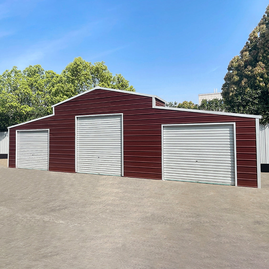 [30X42FT] Heavy-Duty All-Weather 3-Garage Galvanized Steel Storage Shed - Saksby Wholesale - Front Left View On Tarmac