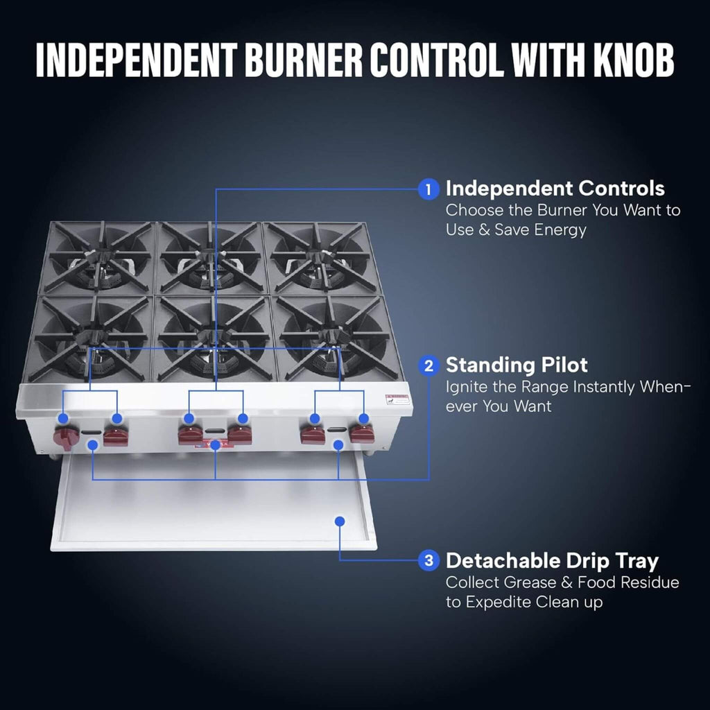 36-Inch Commercial 150K BTU 6-Burner Stainless Steel Countertop Gas Range (SAK92640) - Saksby Wholesale - Independent Control Each Burner Knob
