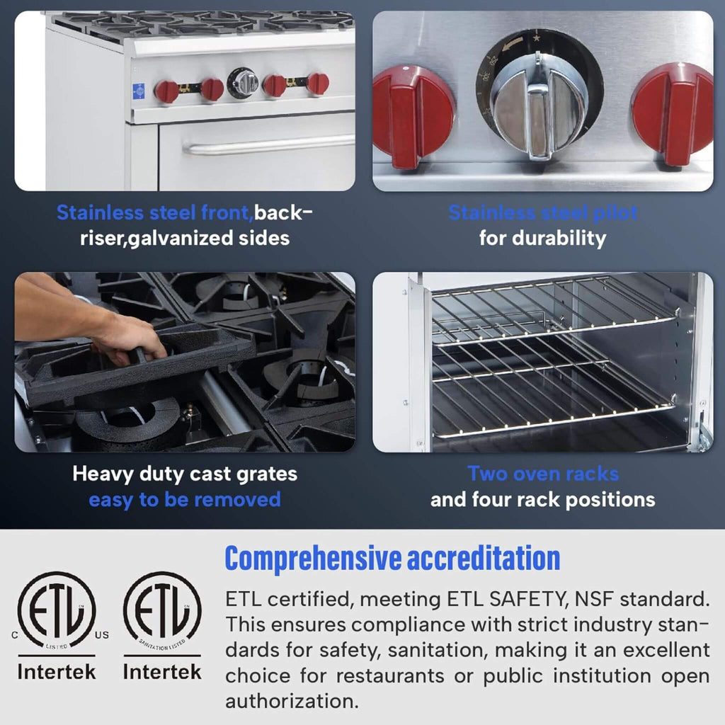 36-Inch Commercial 210K BTU 6-Burner Stainless Steel Freestanding Gas Range (SAK85603) - Saksby Wholesale - Features And Guarantees