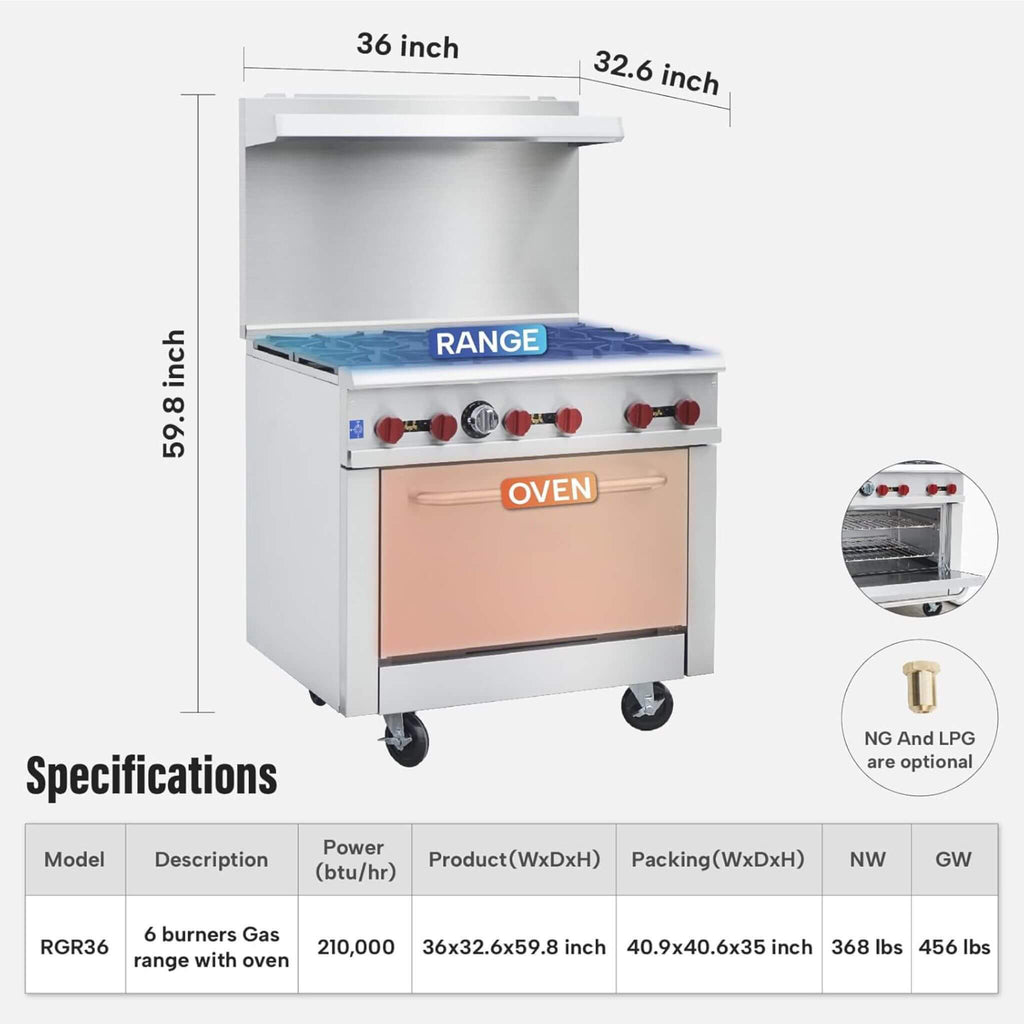36-Inch Commercial 210K BTU 6-Burner Stainless Steel Freestanding Gas Range (SAK85603) - Saksby Wholesale - Specification Details