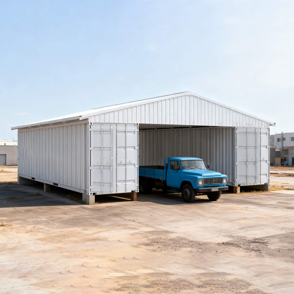 [36X40FT] Heavy-Duty Weather-Resistant Galvanized Steel Container Roof Kit - Saksby Wholesale - With Blue Truck Underneath