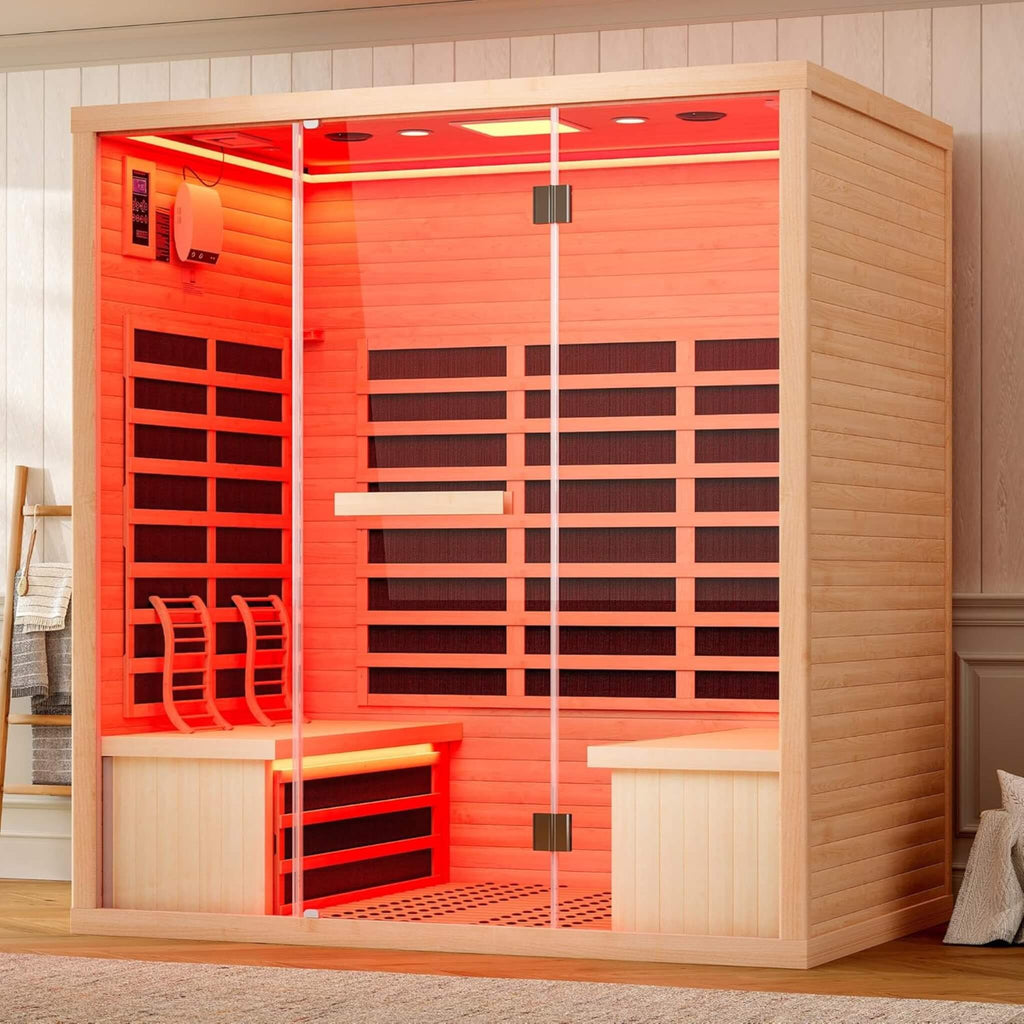 4-Person Low EMF Canadian Hemlock Infrared Sauna With Bluetooth (SAK29571) - Saksby Wholesale - Lifestyle Image In The Bathroom
