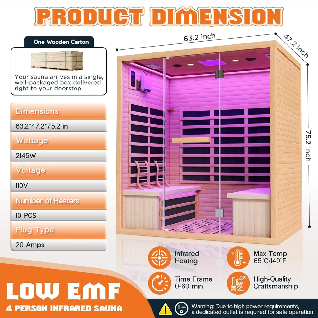 4-Person Low EMF Canadian Hemlock Infrared Sauna With Bluetooth (SAK29571) - Saksby Wholesale - Product Dimensions