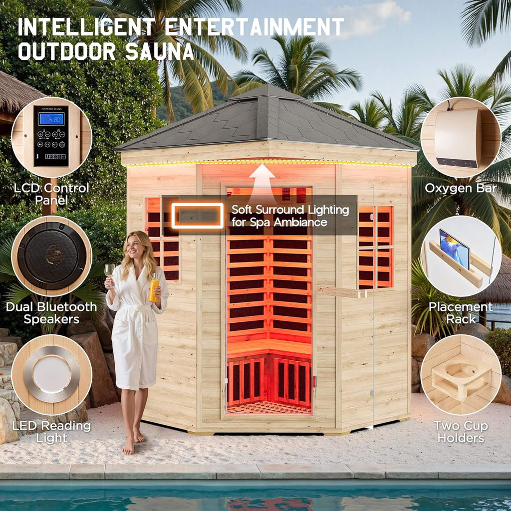 4-Person Low EMF Spruce Wood Outdoor Infrared Sauna With Bluetooth Speakers And LED Lights (SAK16270) - Saksby Wholesale - Entertainment System