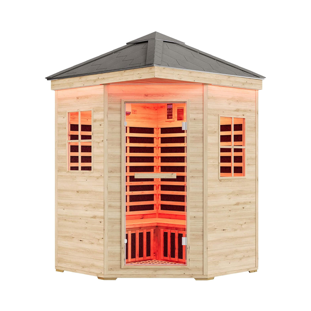 4-Person Low EMF Spruce Wood Outdoor Infrared Sauna With Bluetooth Speakers And LED Lights (SAK16270) - Saksby Wholesale - Front View