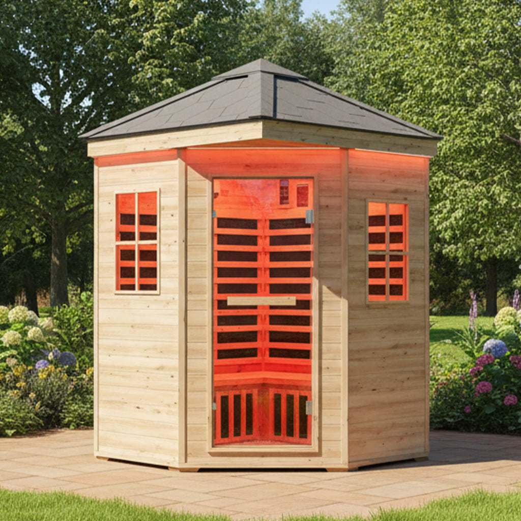 4-Person Low EMF Spruce Wood Outdoor Infrared Sauna With Bluetooth Speakers And LED Lights (SAK16270) - Saksby Wholesale - Lifestyle Front View In Garden