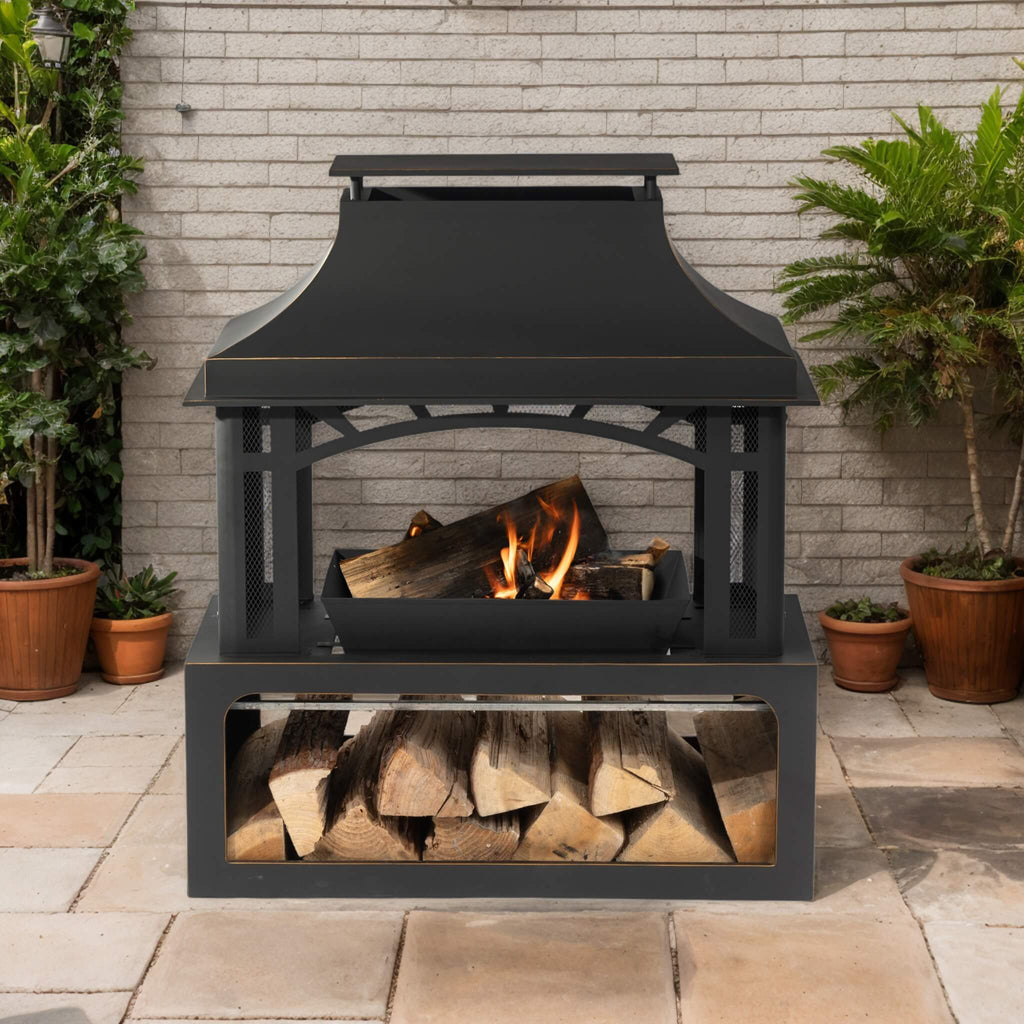 40-Inch Outdoor Steel Wood-Burning Backyard Fireplace Fire Pit (SAK45758) - Saksby Wholesale- Outdoor View