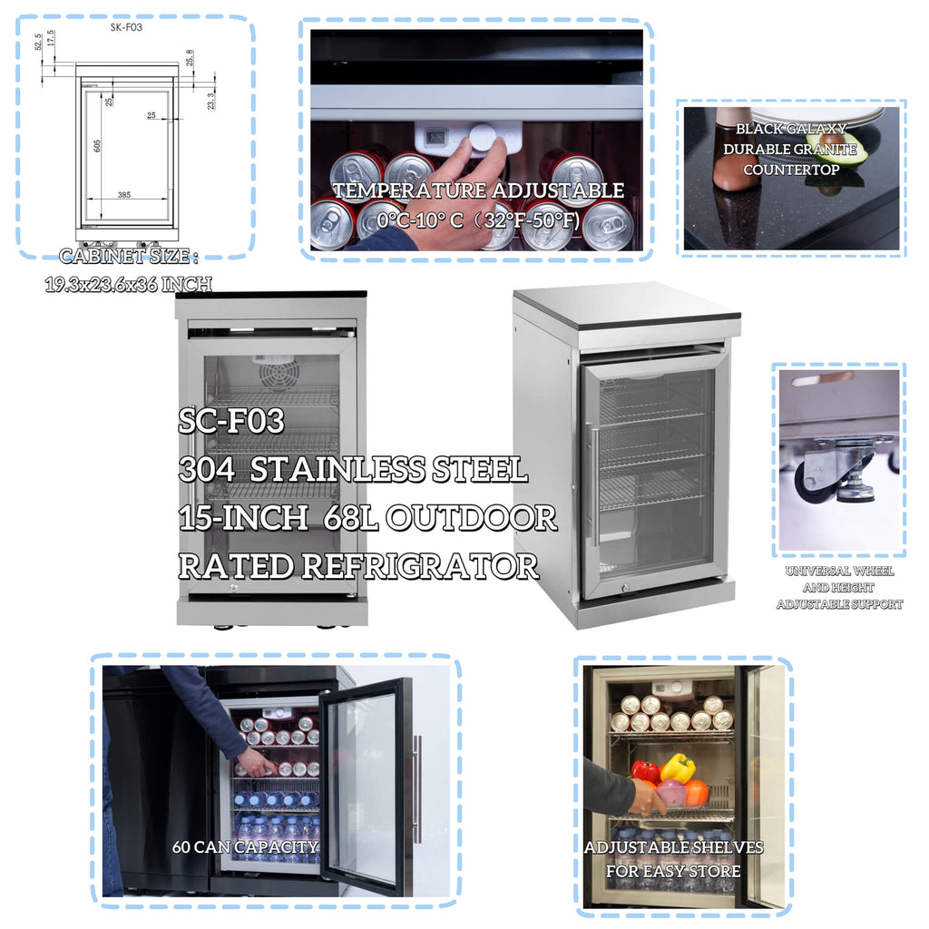 Collage Of A 304 Stainless Steel Outdoor-Rated Refrigerator With Various Features Highlighted - Saksby Wholesale