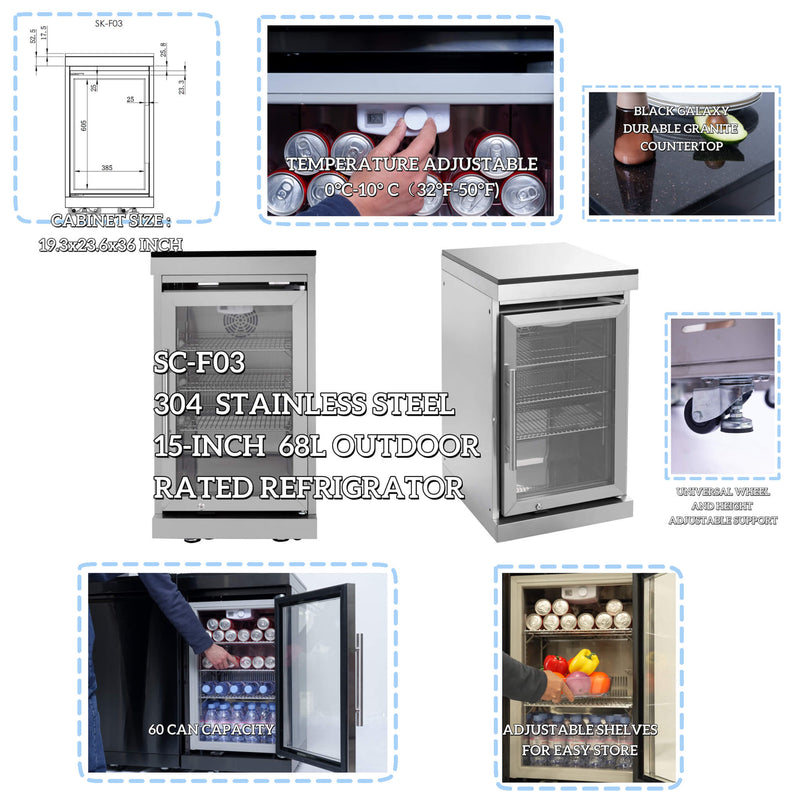 Collage Of A 304 Stainless Steel Outdoor-Rated Refrigerator With Various Features Highlighted - Saksby Wholesale