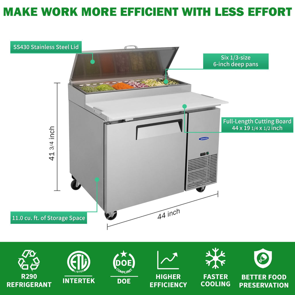 44 Inch Commercial Pizza Prep Table With a Built-In 11 Cu.Ft. Refrigerator (SAK09621) - Saksby Wholesale - Dimensions and Features