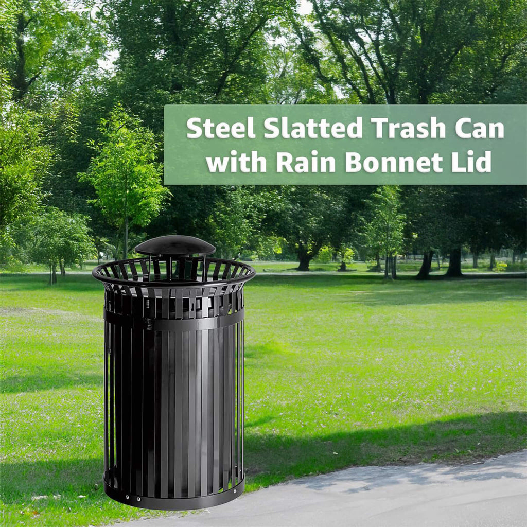 45-Gallon Commercial Round Waste Bin With Rain Bonnet Lid (SAK94380) - Saksby Wholesale - Steel Slatted With Rain Bonnet Lid