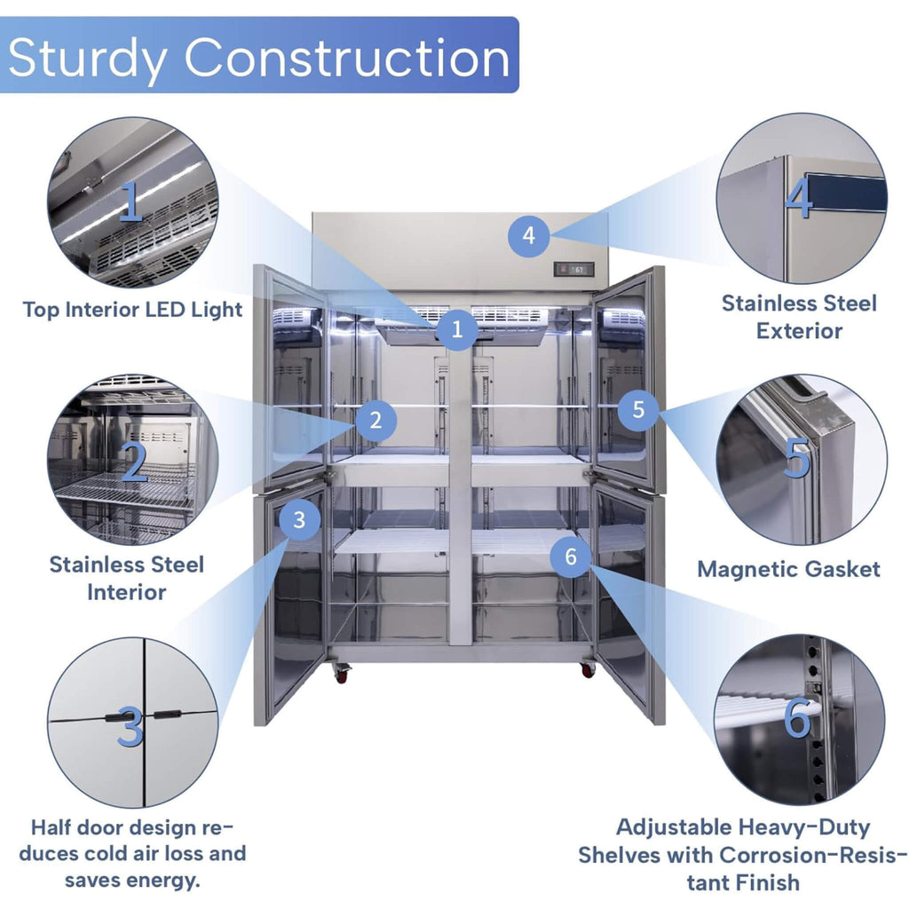 48-Inch Commercial 33 Cu.Ft Stainless Steel Reach-In Refrigerator With Four Split Doors (SAK83046) - Saksby Wholesale - Part Features View