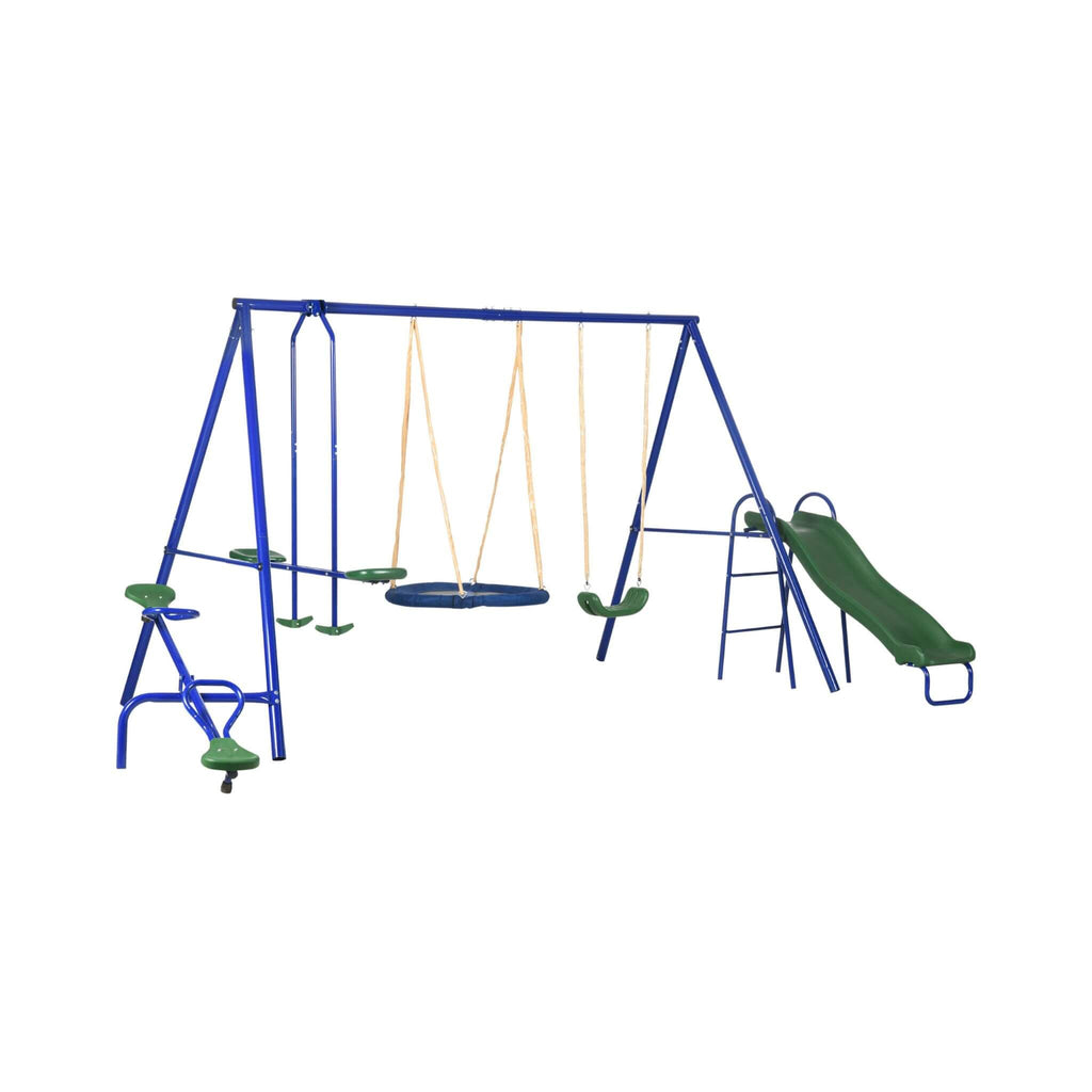 5-In-1 Heavy-Duty Outdoor A-Frame Swing Set With Saucer, Swing, Slide, Seesaw, Glider, And Swing Seat (SAK61472) - Saksby Wholesale - White Background