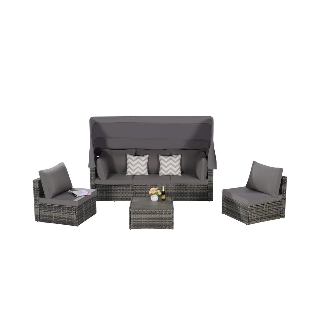 5 PCS Outdoor Patio Wicker Daybed Furniture Set With Retractable Canopy (SAK37816) - Saksby Wholesale - Dark Gray Set In White Background