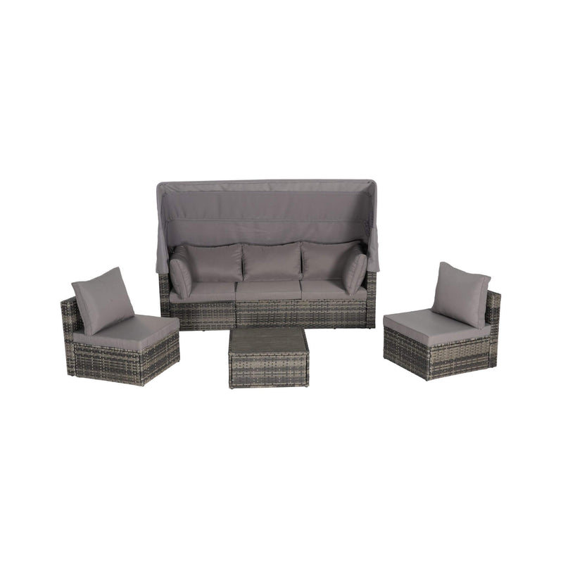 5 PCS Outdoor Patio Wicker Daybed Furniture Set With Retractable Canopy (SAK37816) - Saksby Wholesale - Dark gray Furniture Set Without Pillows In White Background