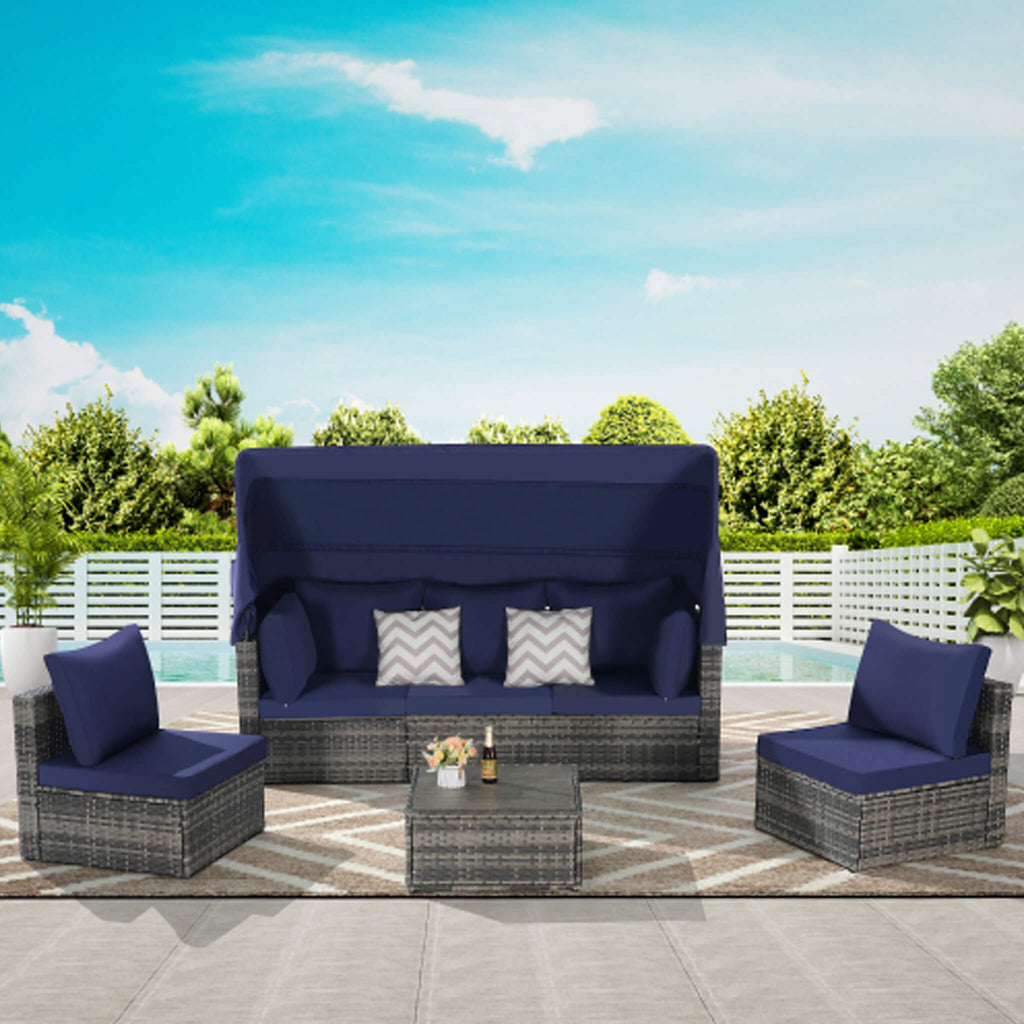 5 PCS Outdoor Patio Wicker Daybed Furniture Set With Retractable Canopy (SAK37816) - Saksby Wholesale - Lifestyle Dark Blue