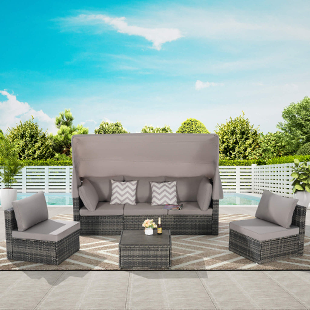 5 PCS Outdoor Patio Wicker Daybed Furniture Set With Retractable Canopy (SAK37816) - Saksby Wholesale - Lifestyle Light Gray