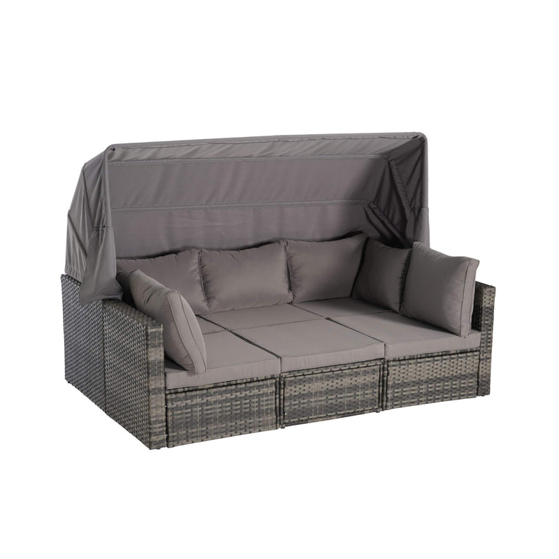 5 PCS Outdoor Patio Wicker Daybed Furniture Set With Retractable Canopy (SAK37816) - Saksby Wholesale - Open Canopy 3 Seater Wider Sofa