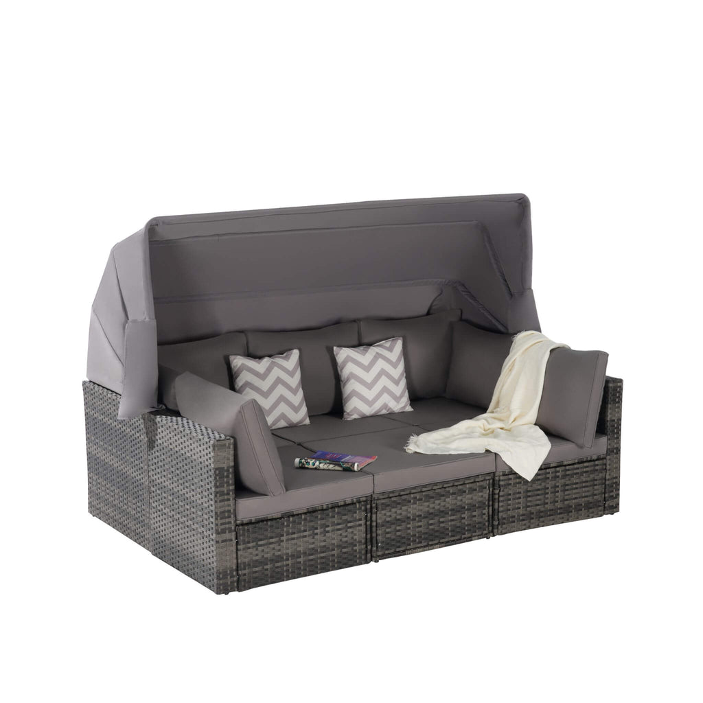 5 PCS Outdoor Patio Wicker Daybed Furniture Set With Retractable Canopy (SAK37816) - Saksby Wholesale - Open Canopy With Pillows