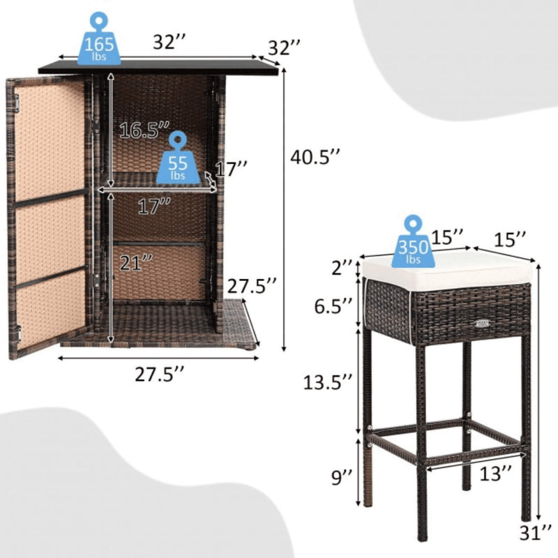 5 PCS Patio Rattan Bar Table Stool Set With Hidden Storage Shelf & Cushions (SAK14645) - Saskby Wholesale - Dimensions View