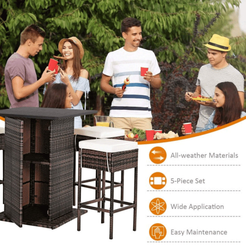5 PCS Patio Rattan Bar Table Stool Set With Hidden Storage Shelf & Cushions (SAK14645) - Saskby Wholesale - Lifestyle View