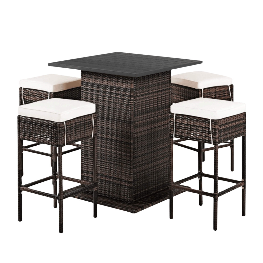 5PCS Patio Rattan Bar Table Stool Set With Hidden Storage Shelf & Cushions (SAK14645) - Saskby Wholesale - Whole View