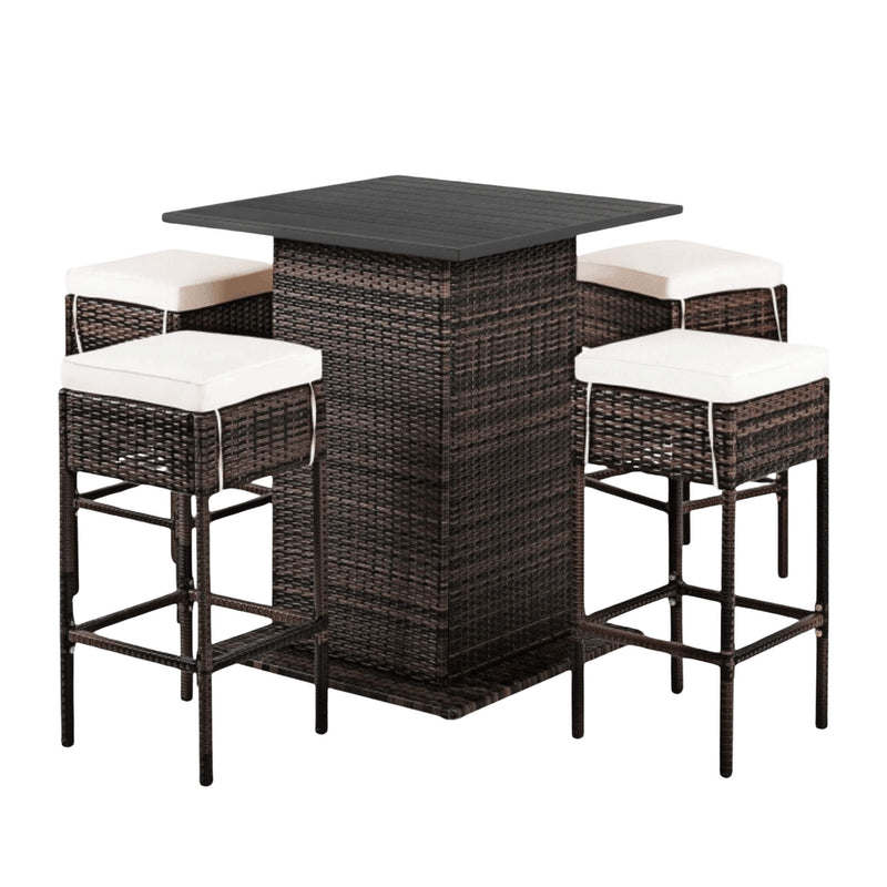 5PCS Patio Rattan Bar Table Stool Set With Hidden Storage Shelf & Cushions (SAK14645) - Saskby Wholesale - Whole View