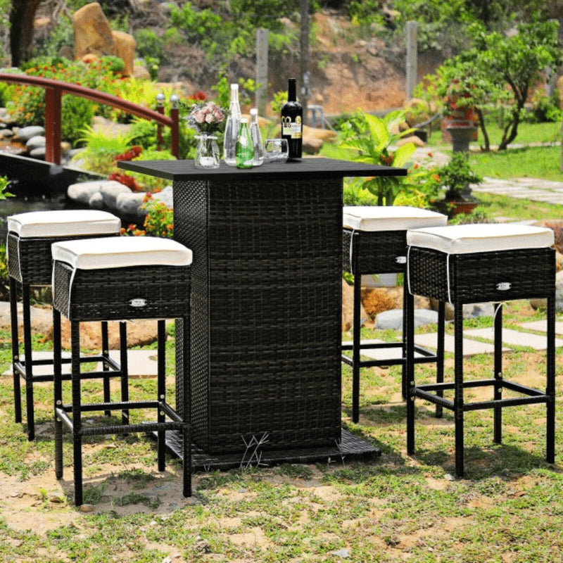5 PCS Patio Rattan Bar Table Stool Set With Hidden Storage Shelf & Cushions (SAK14645) - Saskby Wholesale - Outdoor View
