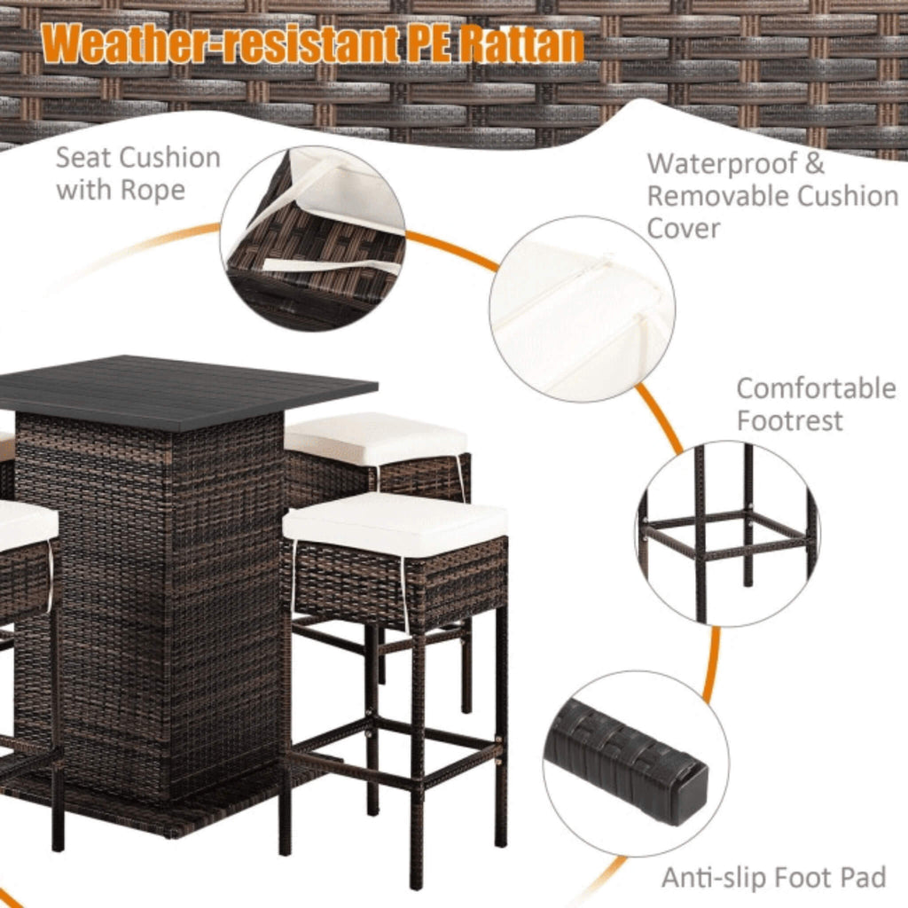 5 PCS Patio Rattan Bar Table Stool Set With Hidden Storage Shelf & Cushions (SAK14645) - Saskby Wholesale - Parts View