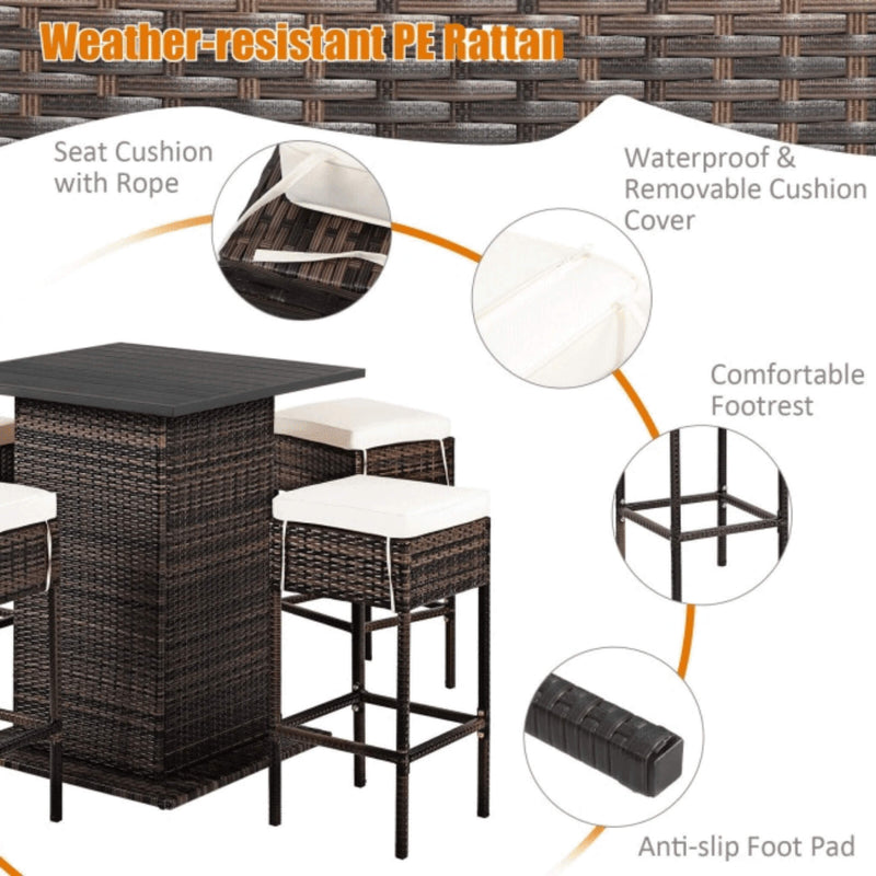 5 PCS Patio Rattan Bar Table Stool Set With Hidden Storage Shelf & Cushions (SAK14645) - Saskby Wholesale - Parts View