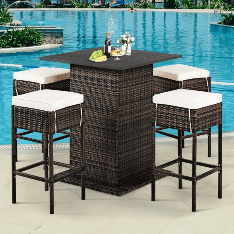 5 PCS Patio Rattan Bar Table Stool Set With Hidden Storage Shelf & Cushions (SAK14645) - Saskby Wholesale - Pool Area View