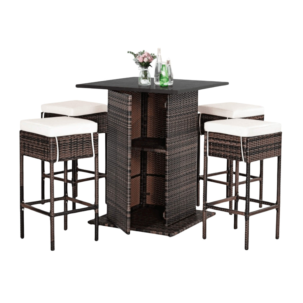 5PCS Patio Rattan Bar Table Stool Set With Hidden Storage Shelf & Cushions (SAK14645) - Saskby Wholesale - Full View