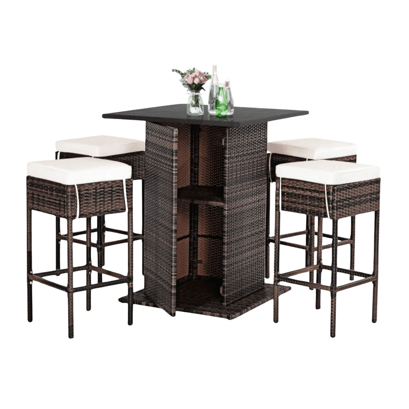 5PCS Patio Rattan Bar Table Stool Set With Hidden Storage Shelf & Cushions (SAK14645) - Saskby Wholesale - Full View