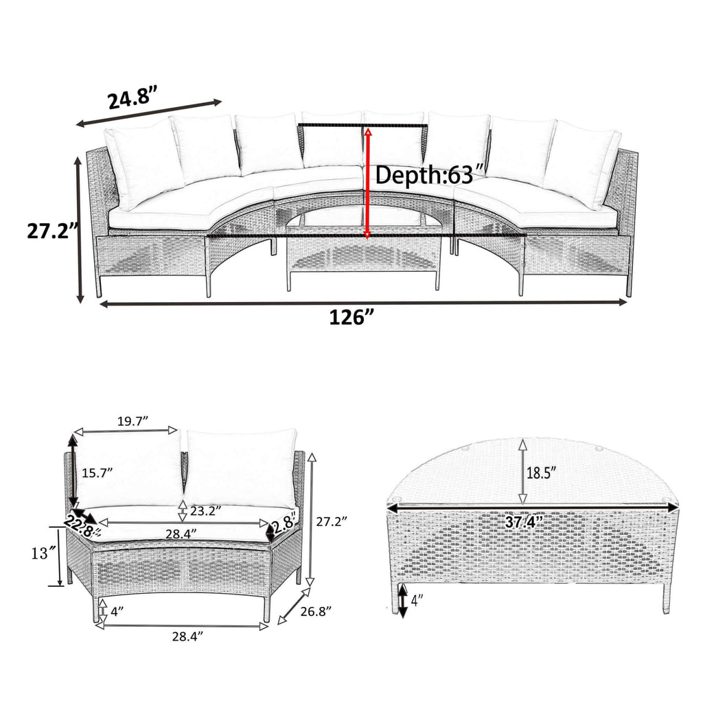5-Piece All-Weather Half-Moon Outdoor Rattan Wicker Patio Sectional Sofa Furniture Set With Tempered Glass Table (SAK32615) - Saksby Wholesale - Dimensions
