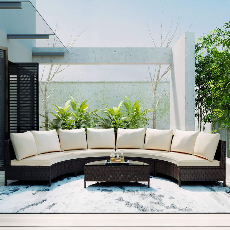 5-Piece All-Weather Half-Moon Outdoor Rattan Wicker Patio Sectional Sofa Furniture Set With Tempered Glass Table (SAK32615) - Saksby Wholesale - Lifestyle