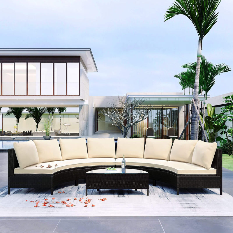 5-Piece All-Weather Half-Moon Outdoor Rattan Wicker Patio Sectional Sofa Furniture Set With Tempered Glass Table (SAK32615) - Saksby Wholesale - Outdoor Lifestyle
