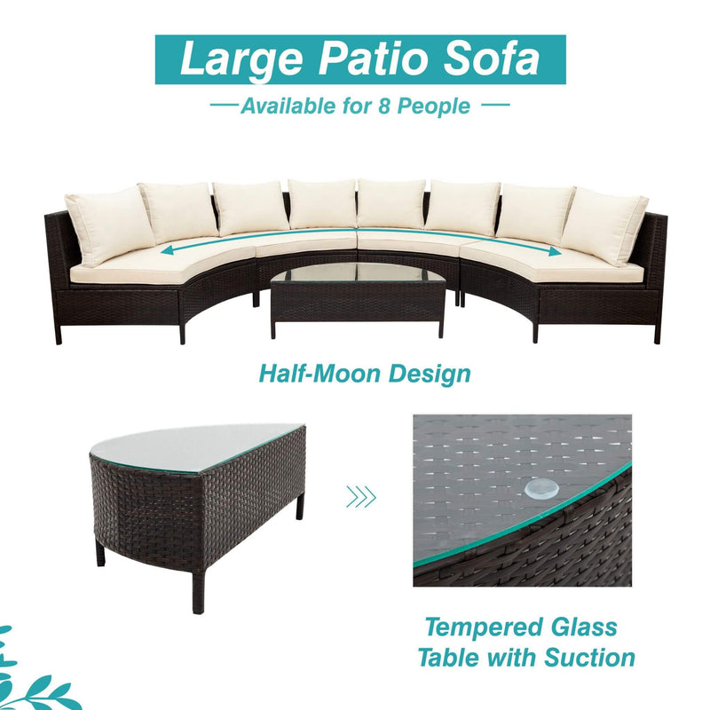 5-Piece All-Weather Half-Moon Outdoor Rattan Wicker Patio Sectional Sofa Furniture Set With Tempered Glass Table (SAK32615) - Saksby Wholesale - Product Details