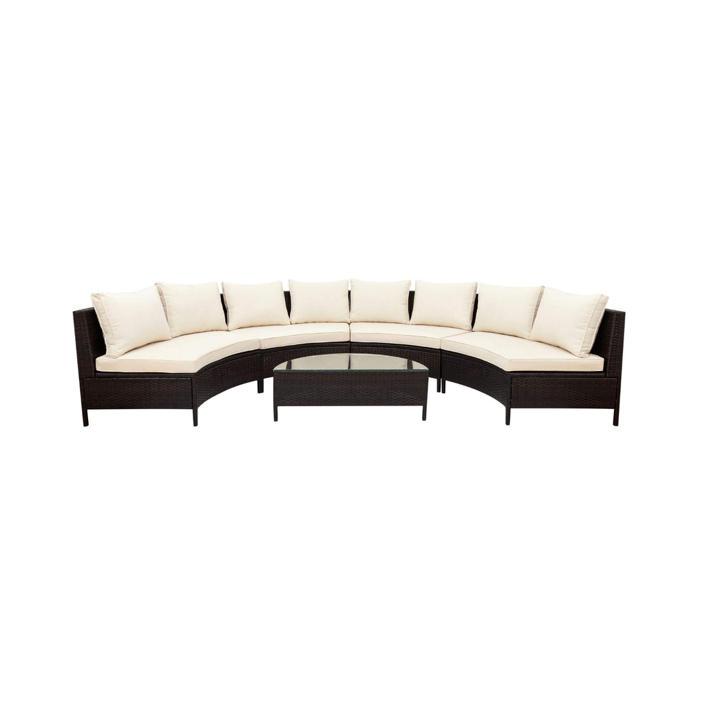 5-Piece All-Weather Half-Moon Outdoor Rattan Wicker Patio Sectional Sofa Furniture Set With Tempered Glass Table (SAK32615) - Saksby Wholesale - White Background