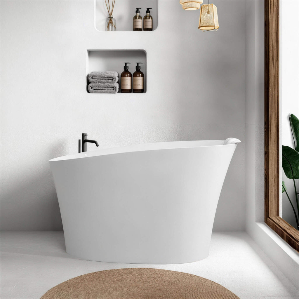 51-Inch Solid Surface Oval Freestanding Bathtub With Seat And Headrest (SAK61983) - Saksby Wholesale - Lifestyle Image In Side VIew