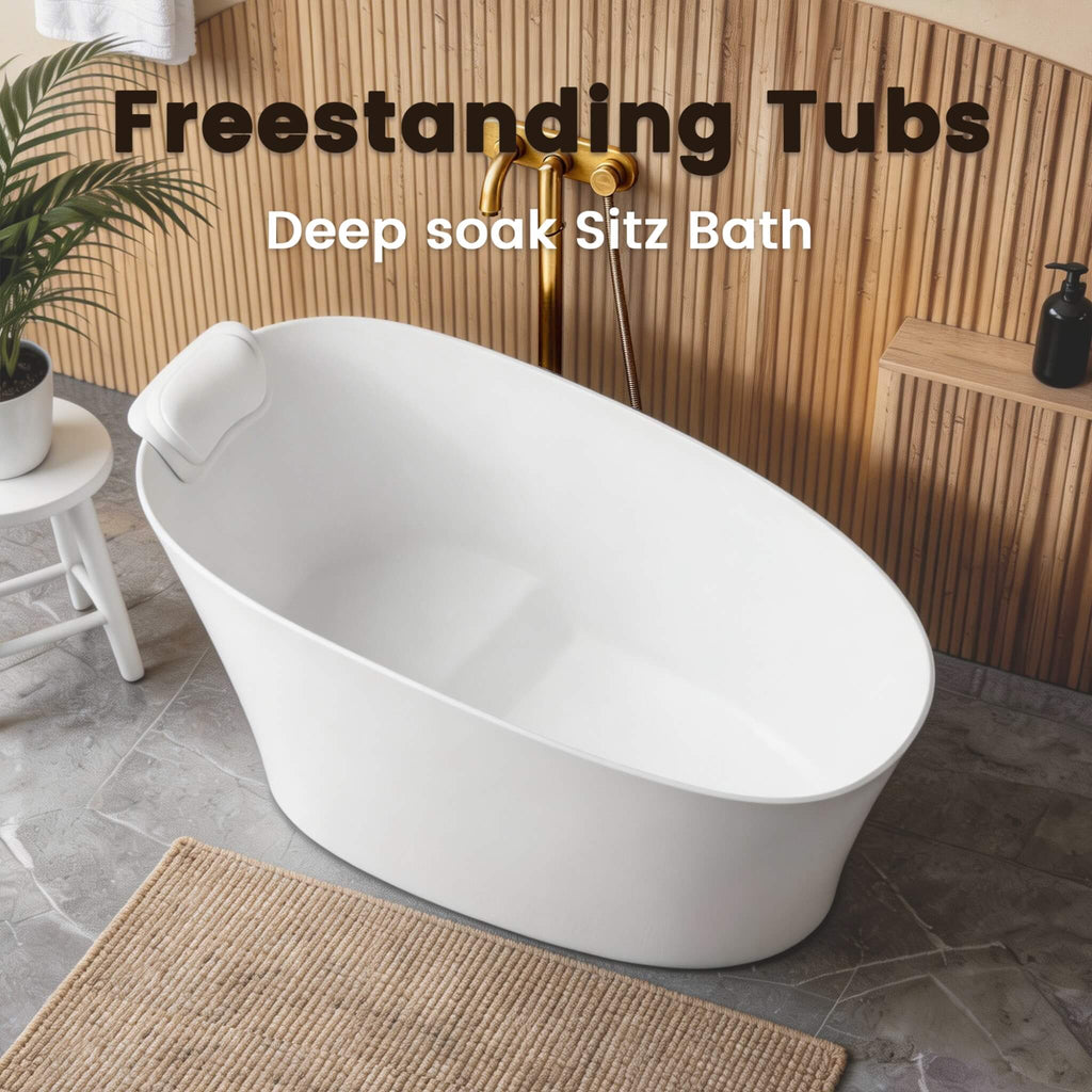 51-Inch Solid Surface Oval Freestanding Bathtub With Seat And Headrest (SAK61983) - Saksby Wholesale - Lifestyle Image In Top View