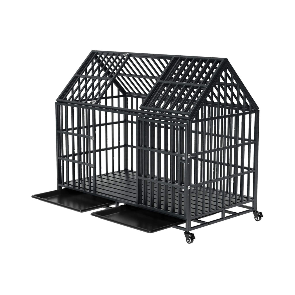52-Inch Heavy-Duty Dog Crate With Roof Top Escape Proof Design (SAK90267) - Saksby Wholesale - Slide-Out Tray View