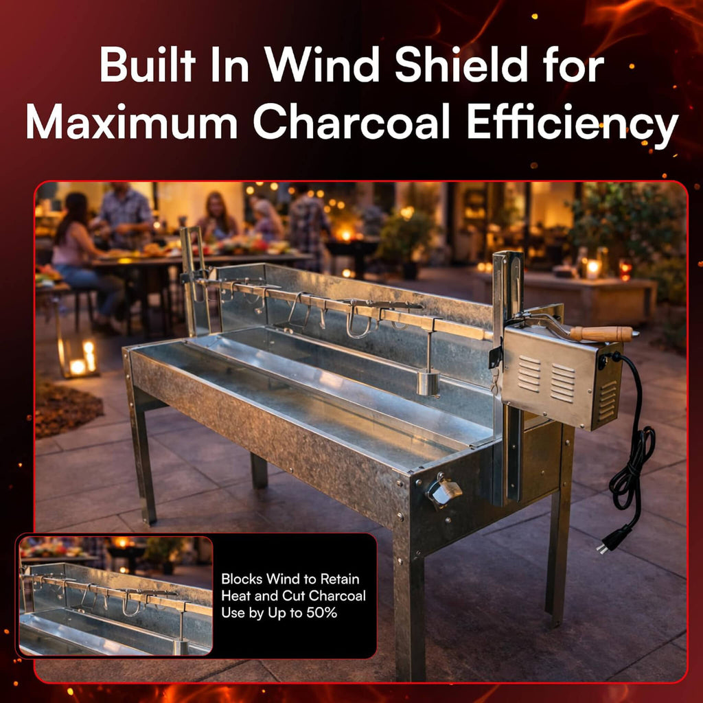 52-Inch Stainless Steel Charcoal Rotisserie Spit Roaster With Wind Shield (SAK37482)  - Saksby Wholesale -  Features  View