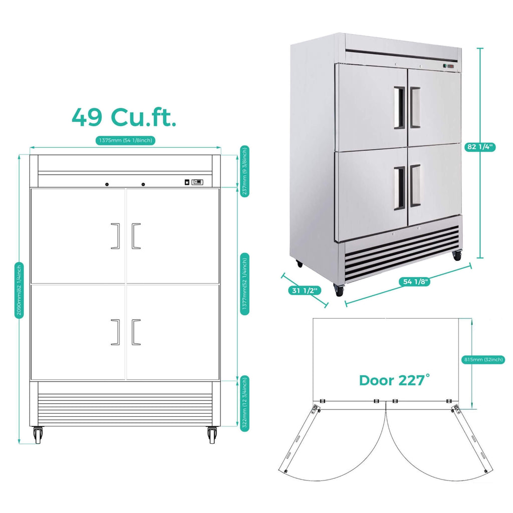 54-Inch 49 Cu.Ft Commercial 6-Shelves Stainless Steel Reach-In Freezer (SAK10247) - Saksby Wholesale - Dimensions