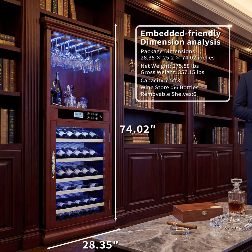 56-Bottle Single-Zone Multi-Tiered Wooden Wine Cooler Cabinet With Humidity And Temperature Controls (SAK73195) - Saksby Wholesale - Built-In Design