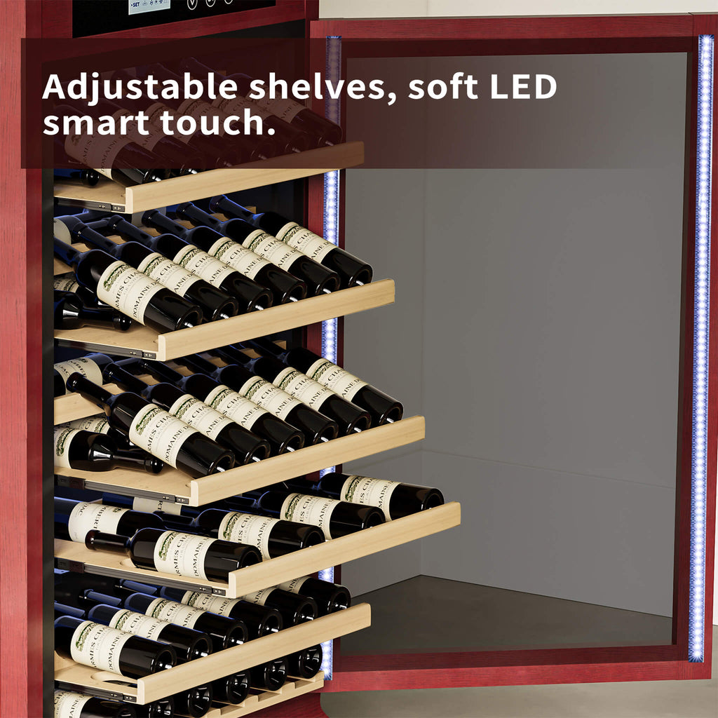 56-Bottle Single-Zone Multi-Tiered Wooden Wine Cooler Cabinet With Humidity And Temperature Controls (SAK73195) - Saksby Wholesale - Shelves And LED Lights
