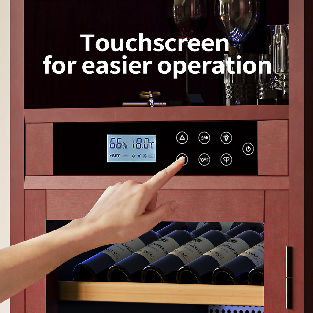 56-Bottle Single-Zone Multi-Tiered Wooden Wine Cooler Cabinet With Humidity And Temperature Controls (SAK73195) - Saksby Wholesale - Touch Panel