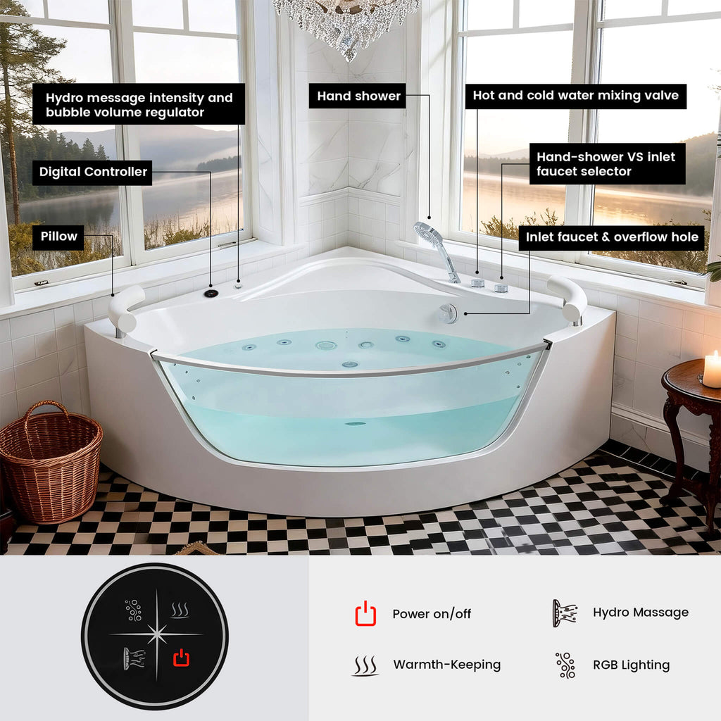 59-Inch 2-Person Acrylic Corner Whirlpool 16-Jet Hydromassage Bathtub With Heater Rainbow Light (SAK12058) - Saksby Wholesale -   Components