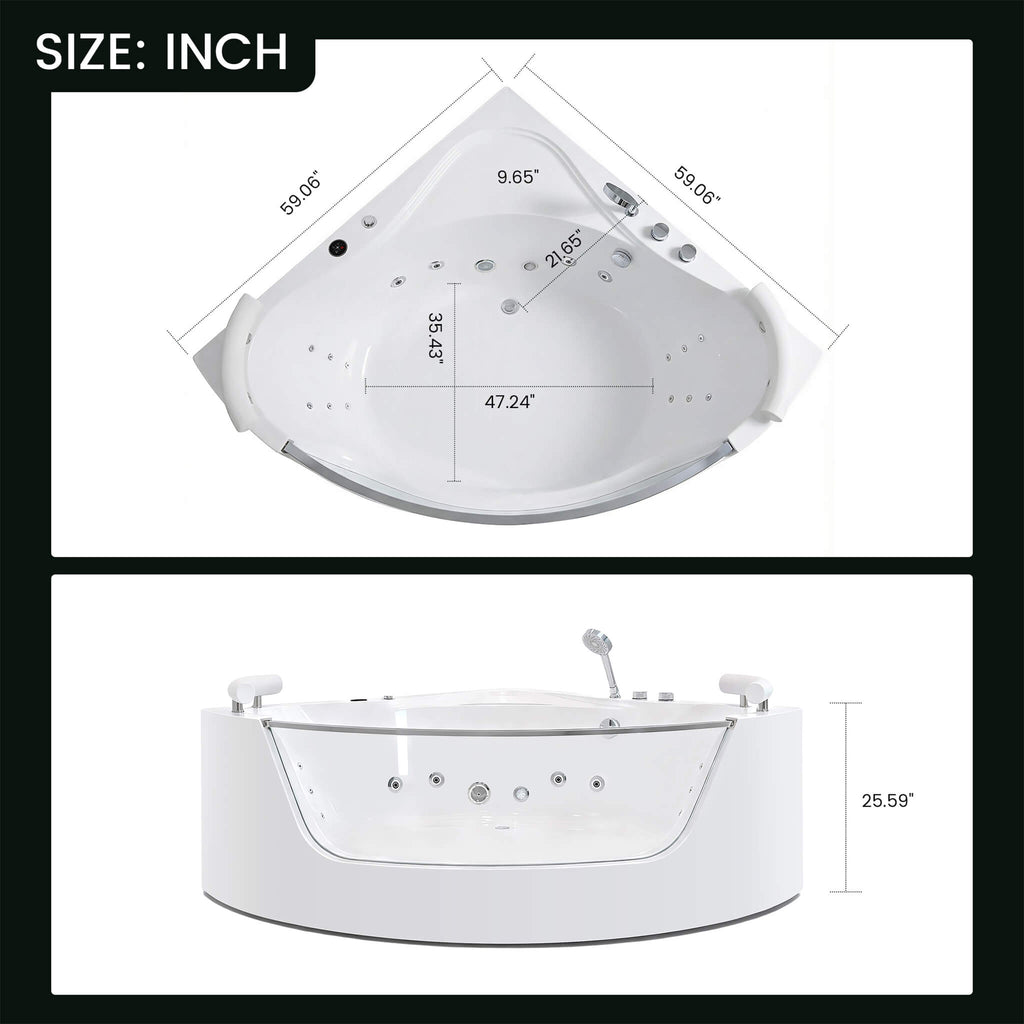 59-Inch 2-Person Acrylic Corner Whirlpool 16-Jet Hydromassage Bathtub With Heater Rainbow Light (SAK12058) - Saksby Wholesale -   Dimensions