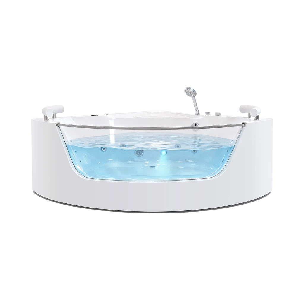 59-Inch 2-Person Acrylic Corner Whirlpool 16-Jet Hydromassage Bathtub With Heater Rainbow Light (SAK12058) - Saksby Wholesale - Front View On White Background
